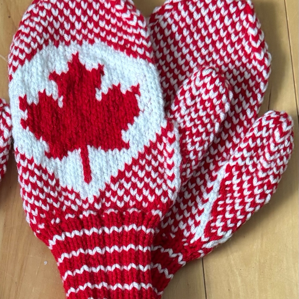 Red & White Knit acrylic Mittens with Maple Leaf